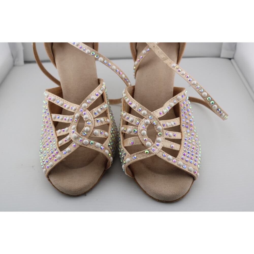 Women's Nude Satin Rhinestone Latin Dance Shoes Ballroom Salsa Strappy Heels - Picture 5 of 5
